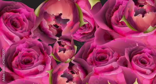 Pink roses watercolor background template Vector. Invitation card, wedding ce...