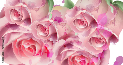 Light pink roses watercolor card Vector. Invitation card, wedding ceremony, d...