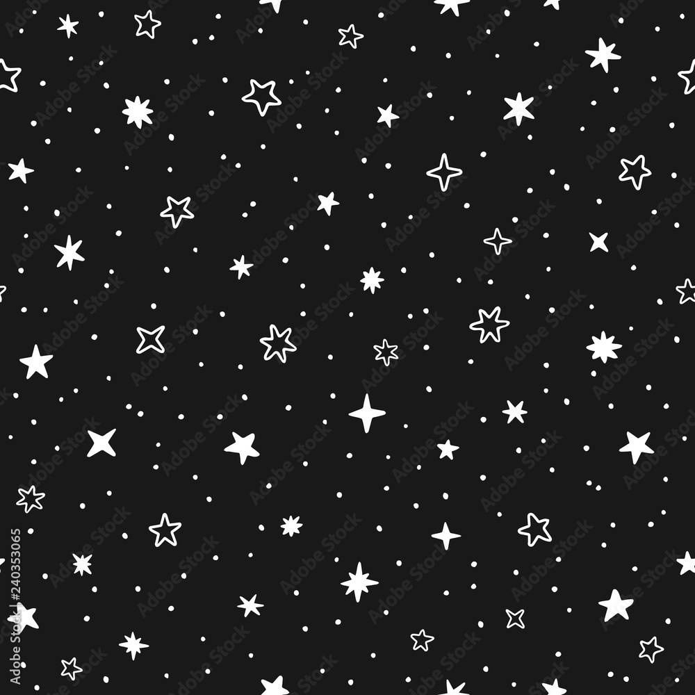 Vector hand drawn night sky doodle seamless pattern with space stars ...