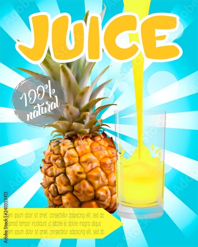 Pineapple juice. 3d realistic vector. Package design.