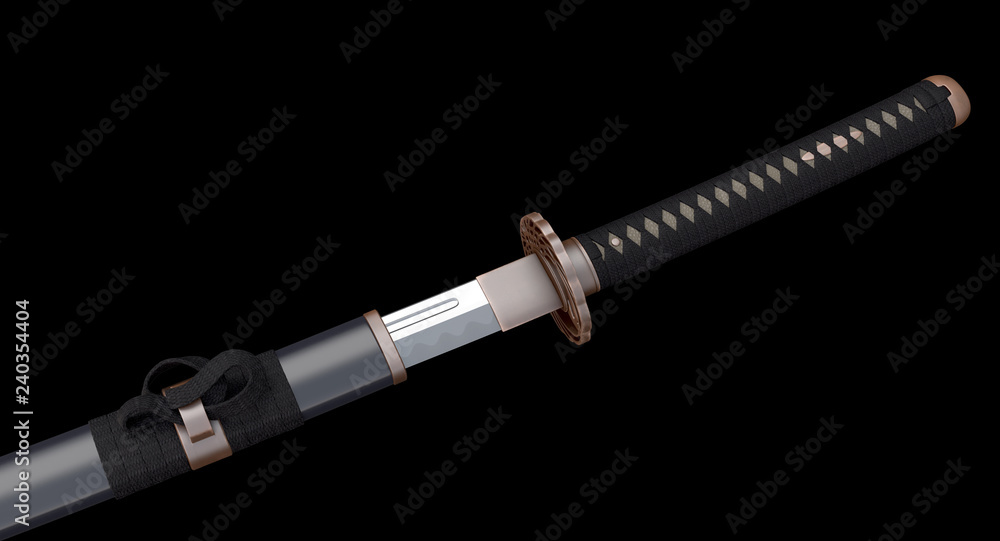 Japanese sword Katana  closeup handle and tsuba - open sheath isolated on black background 3d illustration