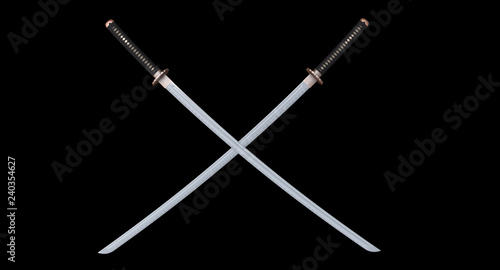 two crossed katana isolated on black background  3d rendering photo