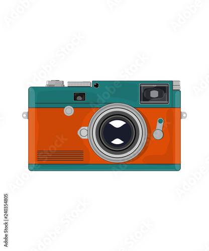 retro camera with green-orange body on white background