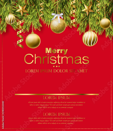 Merry Christmas red card with golden glitter balls Vector. Realistic 3d detailed illustration. Gold text on red backgrounds