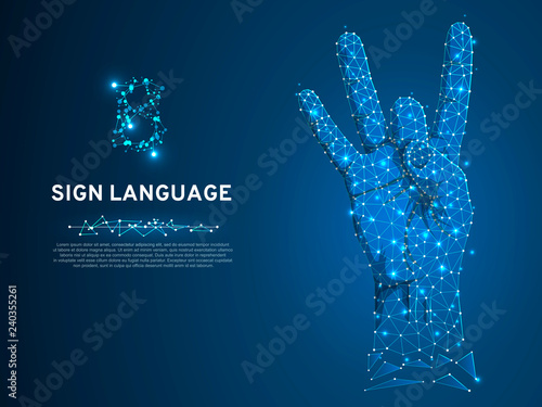 Sign language number eight gesture, fillip, flick, finger kick gesture. Polygonal low poly. Deaf People silent communication alphabet. Connection wireframe. Vector 8 on dark blue background