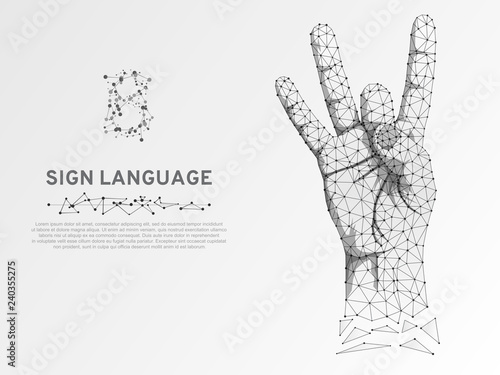 Origami style Sign language number eight gesture, fillip, flick, finger kick gesture. Polygonal low poly. Deaf People silent communication alphabet. Connection wireframe. Vector 8 on white background