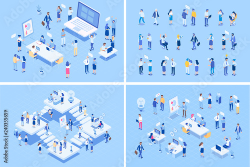 Teamwork, cooperation. Office people.Isometric people vector set.  Isometric office workspace with people working together. Coworking. Flat vector illustration.	 photo