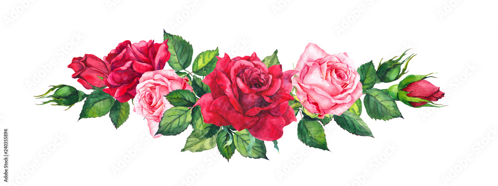Fototapeta Pink and red roses. Watercolor flowers