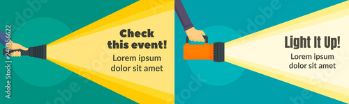 Flashlight banner set. Flat illustration of flashlight vector banner set for web design