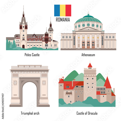 Romania landmark. Travel sightseeing collection. Flat cartoon style