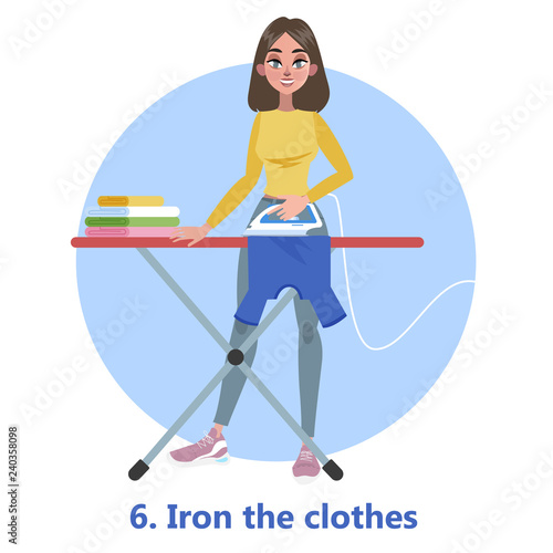 Iron and pile of clothes of ironing board.