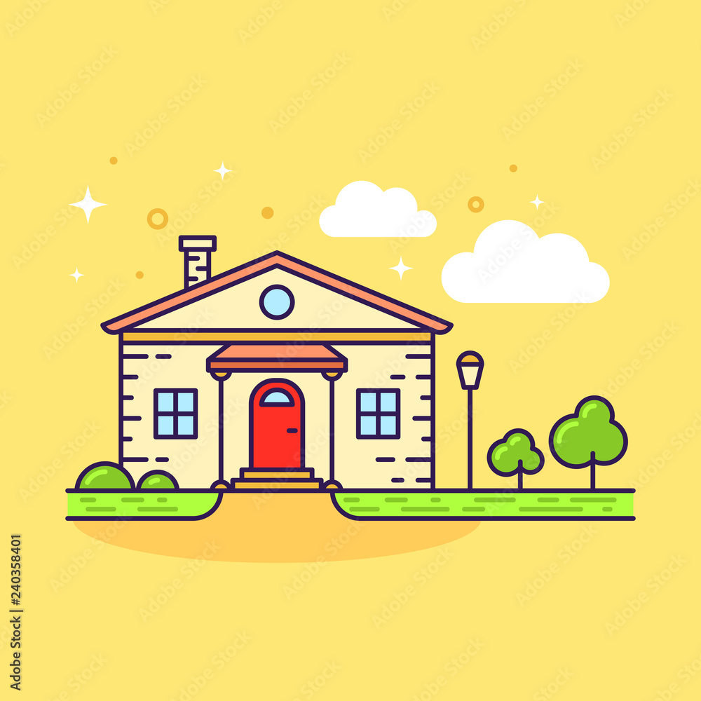 Cute flat line icon of colorful country house on yellow background. Vector