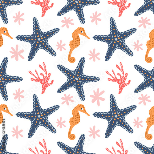 Marine seamless pattern  seahorse  starfish and corals Vector