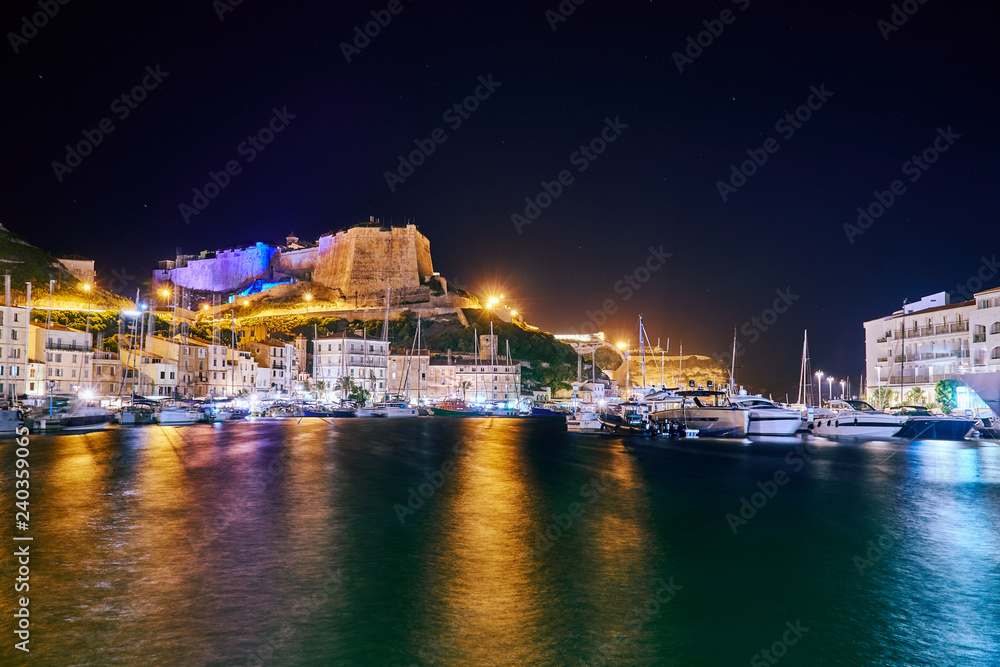 Night view of the port and Citadel of Bonifacio in Corsica island