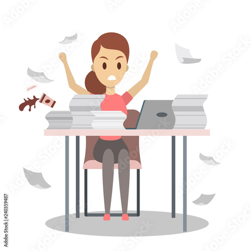 Woman work late at night. Tired angry