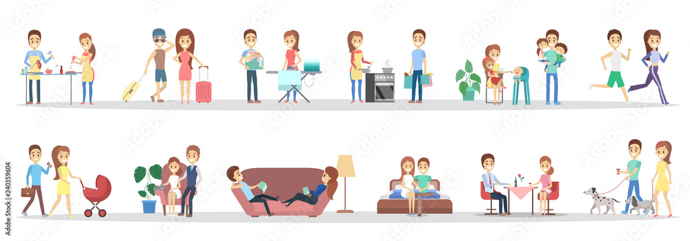 Couple on different activity set. Man and woman Couple on different activity set. Man and woman