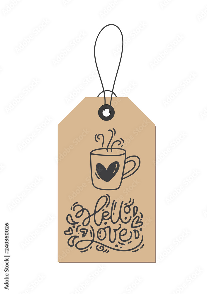 Vector monoline calligraphy phrase Hello Love on kraft tag. Isolated Valentines Day Hand Drawn lettering illustration. Heart Holiday sketch doodle design valentine card. love decor for web, wedding