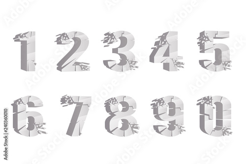 Cracked breaking pieces 3D realistic digits numbers set design vector illustration