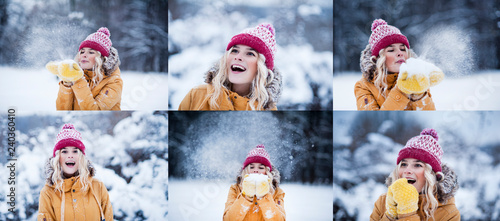 Very beautiful bright young girl in a red hat and yellow mittens on the background of a winter park in the snow. Winter holidays concept. Throw and blow snow.Photo collage
