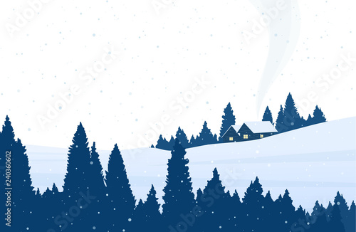 Winter cartoon snowy landscape with pine forest, two houses and smoke from chimney.