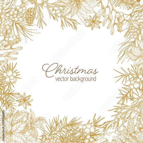 Vintage frame made of coniferous branches and cones, poinsettia leaves, juniper and mistletoe berries hand drawn with contour lines on white background and Merry Christmas wish. Vector illustration.