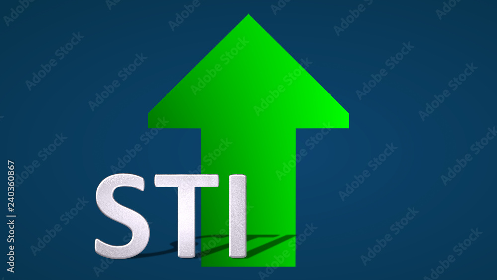 The Singapore stock market index Straits Times Index (STI) is going up. A green arrow behind the STI label is showing upwards on a blue background and symbolizes the price rise or grow. The Singapore stock market index Straits Times Index (STI) is going up. A green arrow behind the STI label is showing upwards on a blue background and symbolizes the price rise or grow.