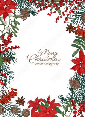 Christmas greeting card template with festive wish inside border made of coni...