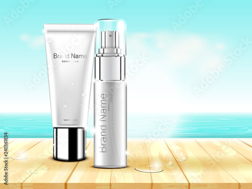 Luxury cosmetic Bottle package skin care cream, Beauty cosmetic product poster, with wooden floor and sunlight beach background