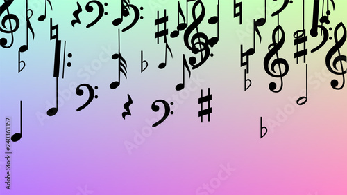 Disco Background. Many Random Falling Notes, Bass and, Treble Clef. Black Musical Notes Symbol Falling on Hologram Background. Disco Vector Template with Musical Symbols.