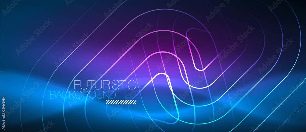 Neon glowing techno lines, hi-tech futuristic abstract background template with geometric shapes Neon glowing techno lines, hi-tech futuristic abstract background template with geometric shapes