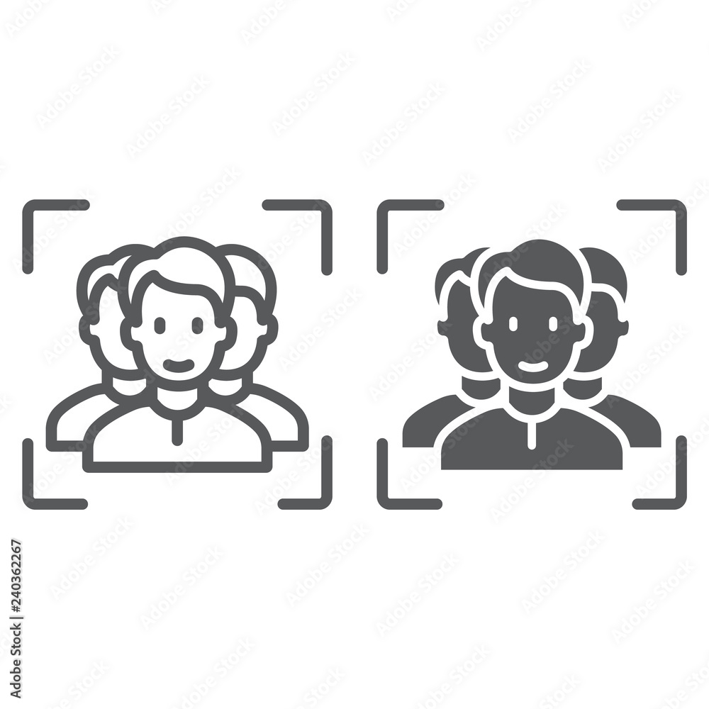 Multi face id line and glyph icon, face recognition and face identification, face scanning sign, vector graphics, a linear pattern on a white background Multi face id line and glyph icon, face recognition and face identification, face scanning sign, vector graphics, a linear pattern on a white background