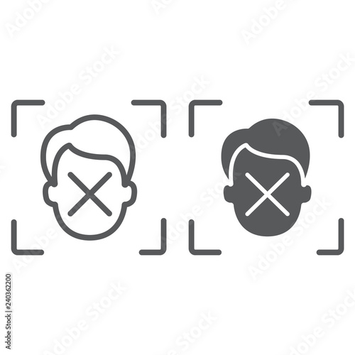 Face ID disapprove line and glyph icon, face recognition and face identification, face scanning sign, vector graphics, a linear pattern on a white background,