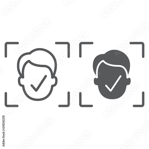 Face ID line and glyph icon, face recognition and face identification, face scanning sign, vector graphics, a linear pattern on a white background,