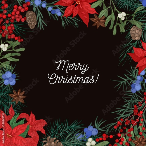 Square natural backdrop with frame made of coniferous branches and cones, poi...