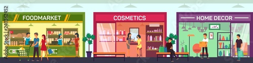 Mall with cosmetics shop, food market, decor store