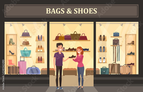 Bags and shoes shop with glassware showcase.