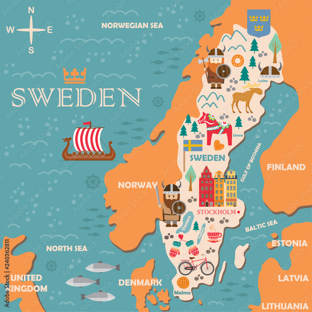 Fototapeta premium Sweden symbols map with tourist attractions