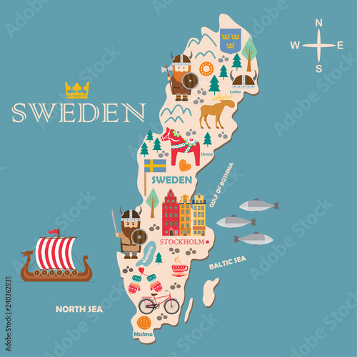Sweden symbols map with tourist attractions