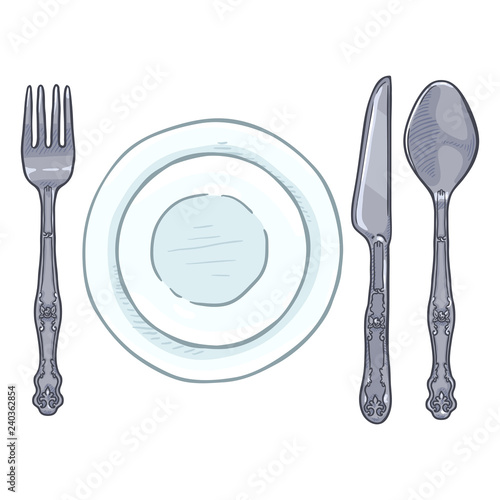 Vector Cartoon Color Dining Set - Vintage Silver Fork, Knife, Spoon and Porcelain Plates.