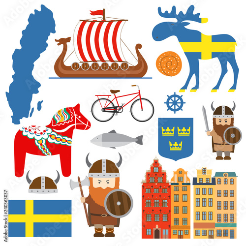 Set with design elements of symbols of Sweden and map