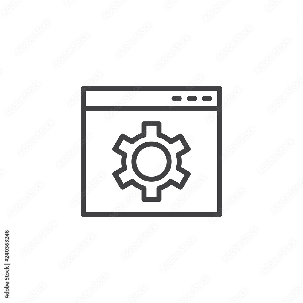 Web browser settings outline icon. linear style sign for mobile concept and web design. Browser window and gear simple line vector icon. Web Optimization symbol logo illustration. Pixel perfect vector Web browser settings outline icon. linear style sign for mobile concept and web design. Browser window and gear simple line vector icon. Web Optimization symbol logo illustration. Pixel perfect vector