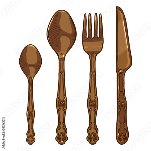 Vector Cartoon Color Set of Vintage Bronze Cutlery. Knife, Fork, Spoon, Tea-spoon