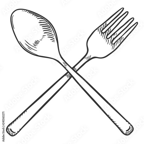Vector Sketch Crossed Cutlery. Fork and Spoon.