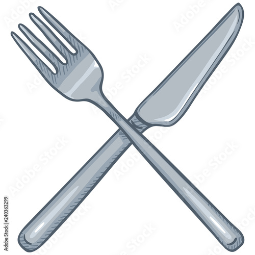 Vector Cartoon Crossed Cutlery. Steel Fork and Knife.
