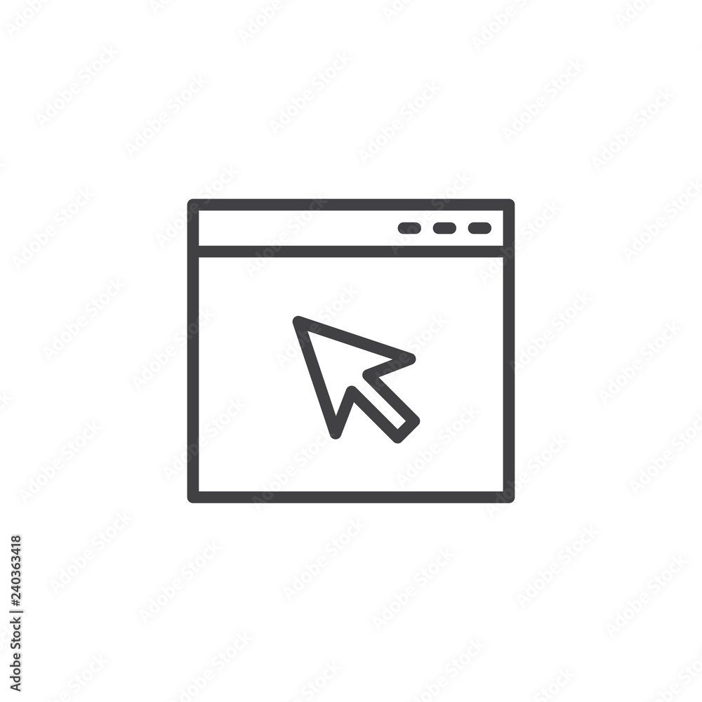 Browser window and cursor outline icon. linear style sign for mobile concept and web design. Website and arrow cursor simple line vector icon. Symbol, logo illustration. Pixel perfect vector graphics Browser window and cursor outline icon. linear style sign for mobile concept and web design. Website and arrow cursor simple line vector icon. Symbol, logo illustration. Pixel perfect vector graphics