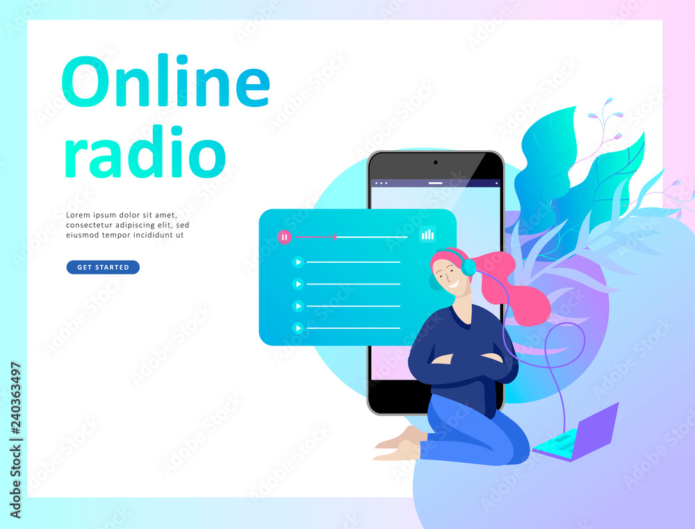 Concept of internet online radio streaming listening, people relax listen  dance. Music applications, playlist online songs, radio station. Music  blog, sound recording studio. Landing page template. vector de Stock |  Adobe Stock