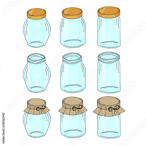 set of empty glass jars for home made vegetables and preserves. Hand drawn. Vector illustration.