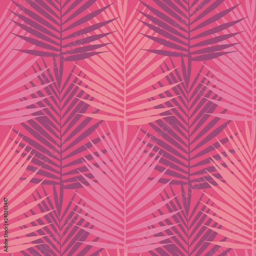 Living coral tropical palm leaves seamless pattern. Vector illustration.