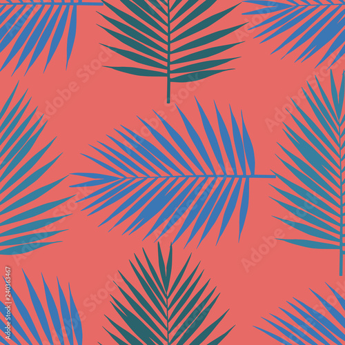 Living coral tropical palm leaves seamless pattern. Vector illustration.