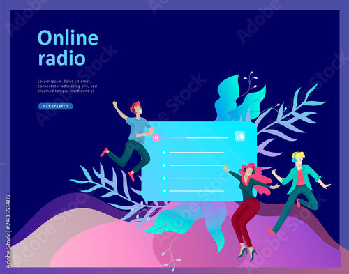 Concept of internet online radio streaming listening, people relax listen dance. Music applications, playlist online songs, radio station. Music blog, sound recording studio. Landing page template.